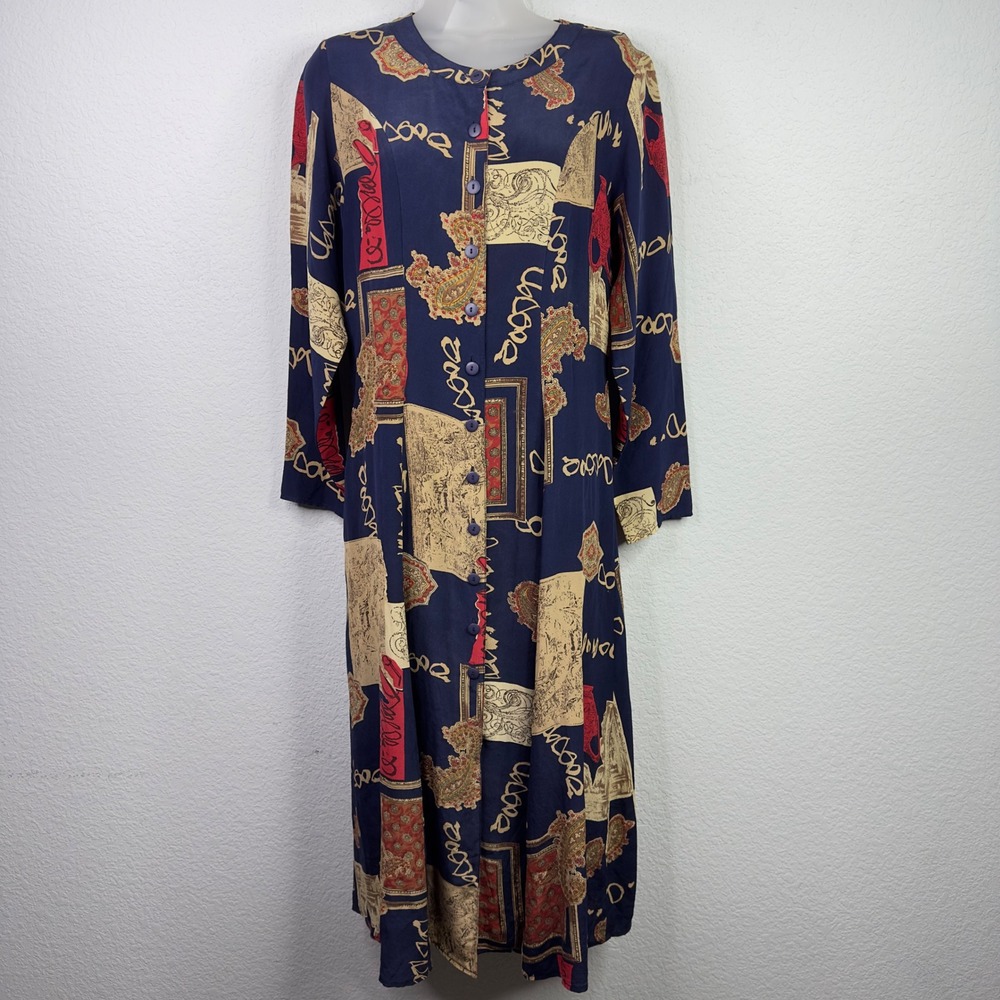 Anglia London‎ Silk Dress Womens M Navy Baroque Scarf Print Vintage Luxury 80s